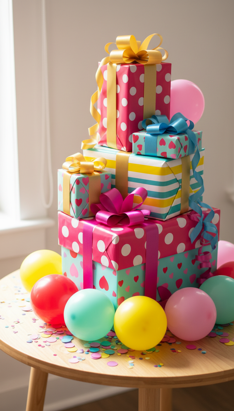 A stack of brightly wrapped gift boxes in varying sizes, each covered in glossy paper with bold patterns like polka dots, stripes, and hearts in vibrant reds, pinks, yellows, and aquas. The presents are topped with oversized looping bows and positioned on a playful round tabletop with rounded edges, surrounded by softly exaggerated balloons and confetti. Energetic natural light streams from the side, casting lively highlights and gentle shadows, enhancing the texture of the glossy wrapping and ribbons. The composition is slightly elevated, capturing the stack in the center but allowing the colorful environment to peek into the edges for a whimsical, inviting feel. The style combines photographic realism with a bright, cheerful palette and emphasizes rounded, approachable forms suited for a fun last-minute gift inspiration blog.