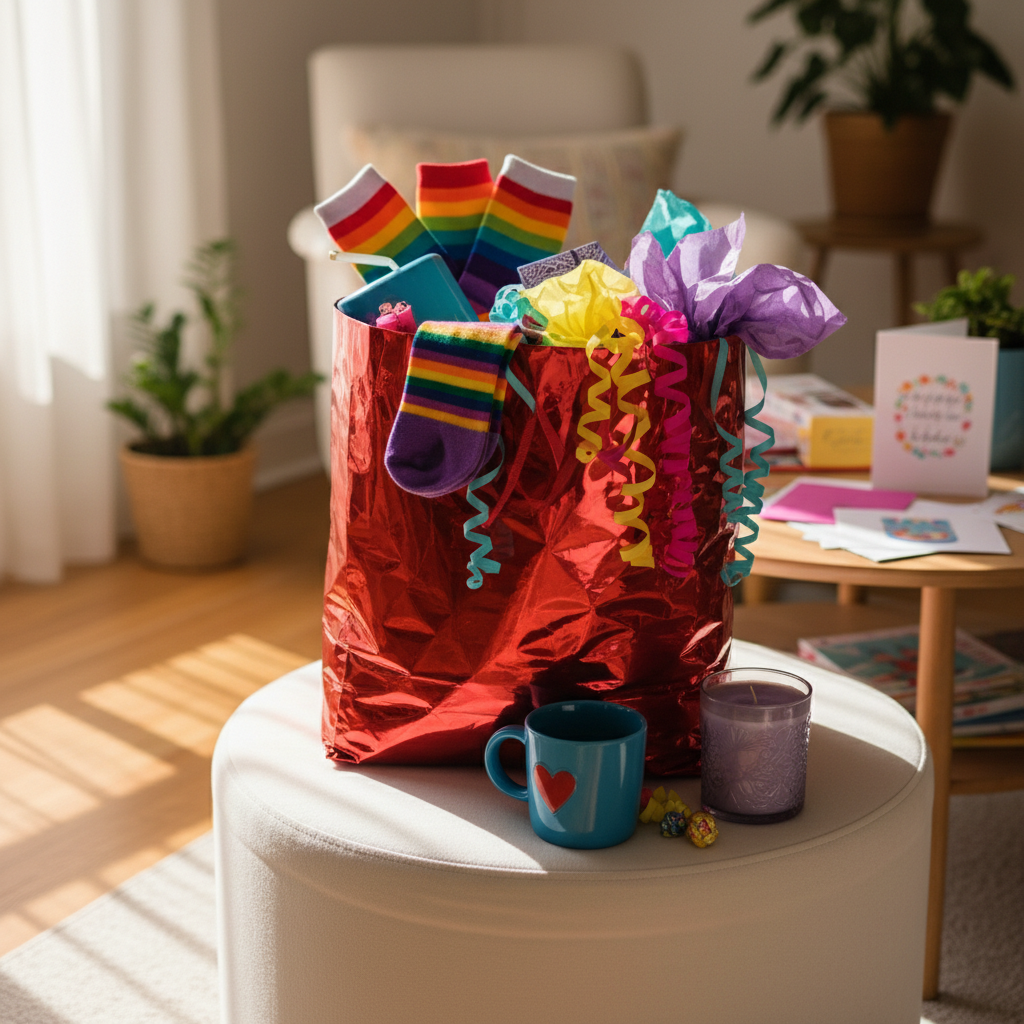A close-up of a giant, glossy red gift bag overflowing with quirky last-minute gifts such as rainbow-colored socks peeking out, a bright blue mug with a heart decal, and a lavender-scented candle in a frosted glass jar surrounded by curled, vibrant gift tissue. The bag rests casually on a white, rounded ottoman beside a low, round coffee table adorned with a scattering of cheery greeting cards and wrapped chocolates. Warm afternoon sunlight filters through in the background, illuminating the scene and adding gentle highlights to the bag’s surface. Captured at eye-level with a shallow depth of field, the focus is sharp on the bag and its playful contents, while the background softly blurs. The mood is energetic and fun, with photographic realism and bold, saturated colors providing a sense of excitement and spontaneity.